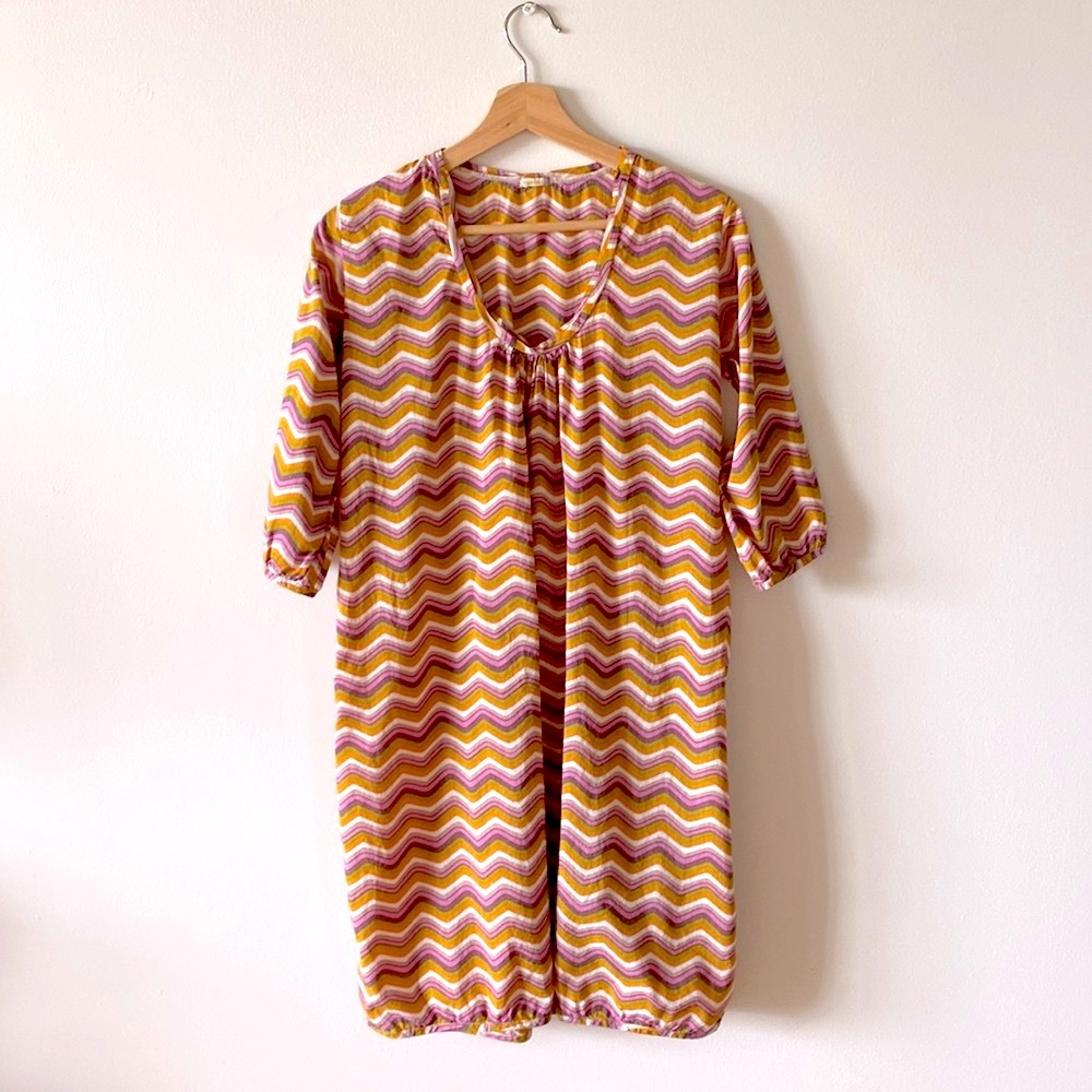 Matta 100% cotton scoop neck half sleeve pink yellow dress chevron small